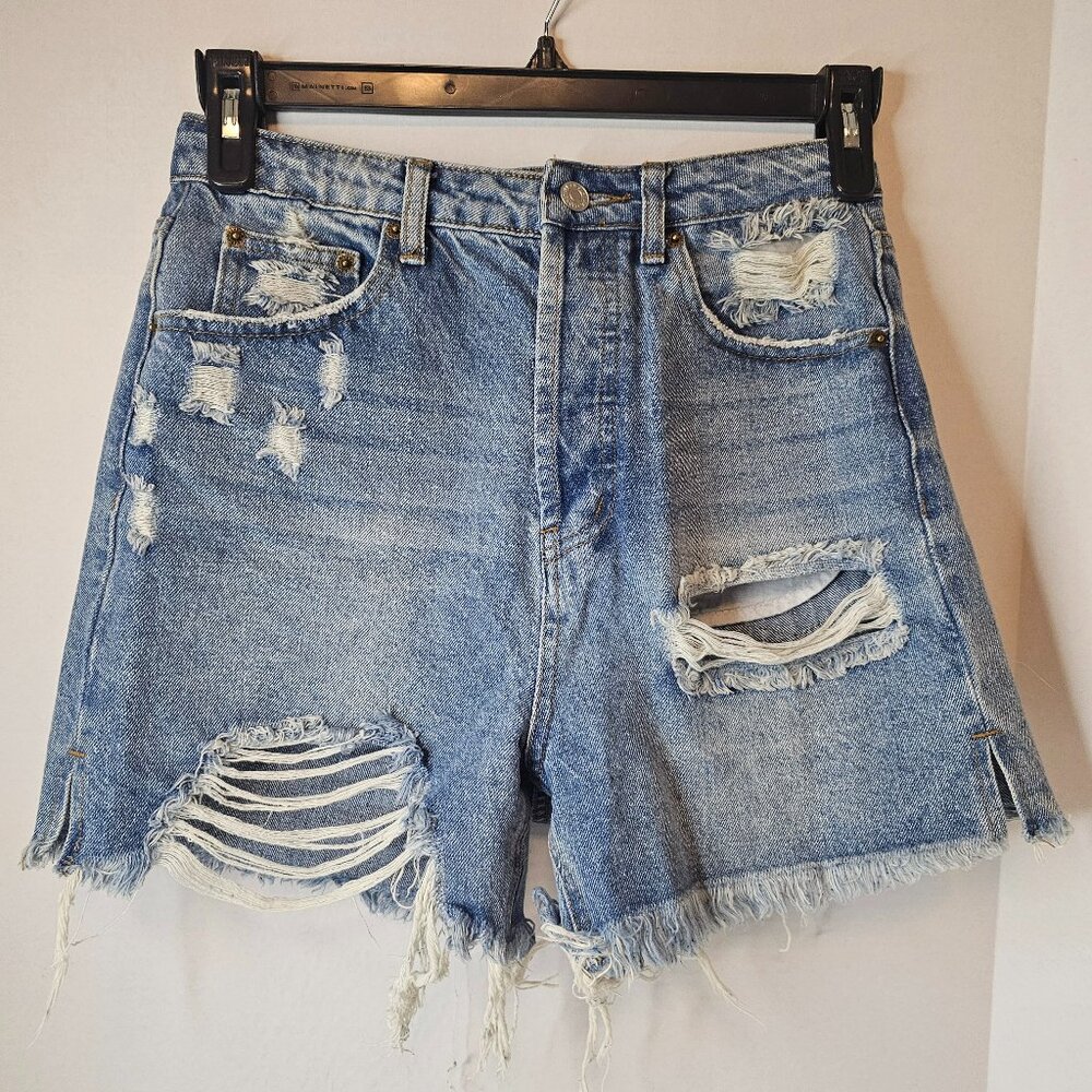 Signature 8 Blue Denim Shorts Women Distressed High Rise Button Down Size M